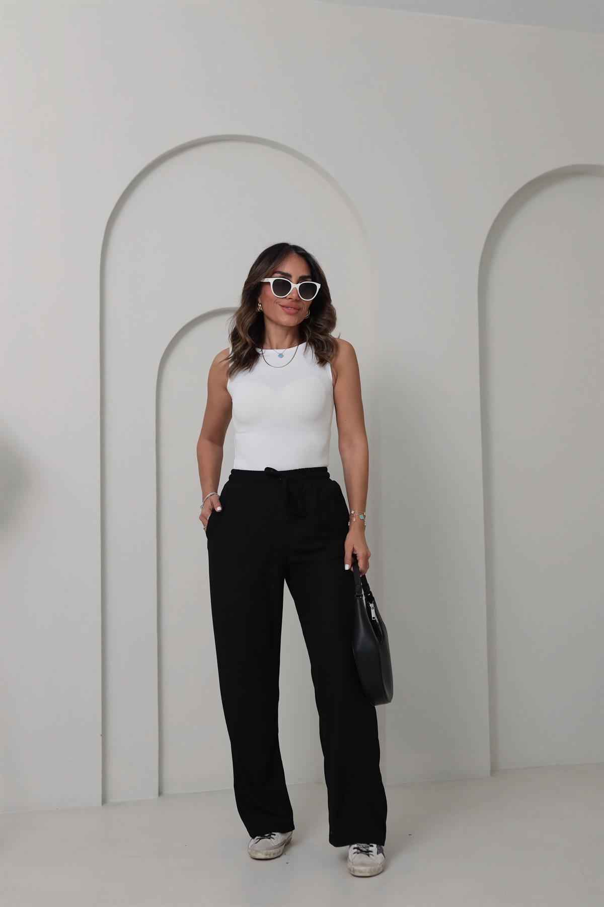 0104 Bol Paça Beli Lastikli Örme Pantolon SİYAH