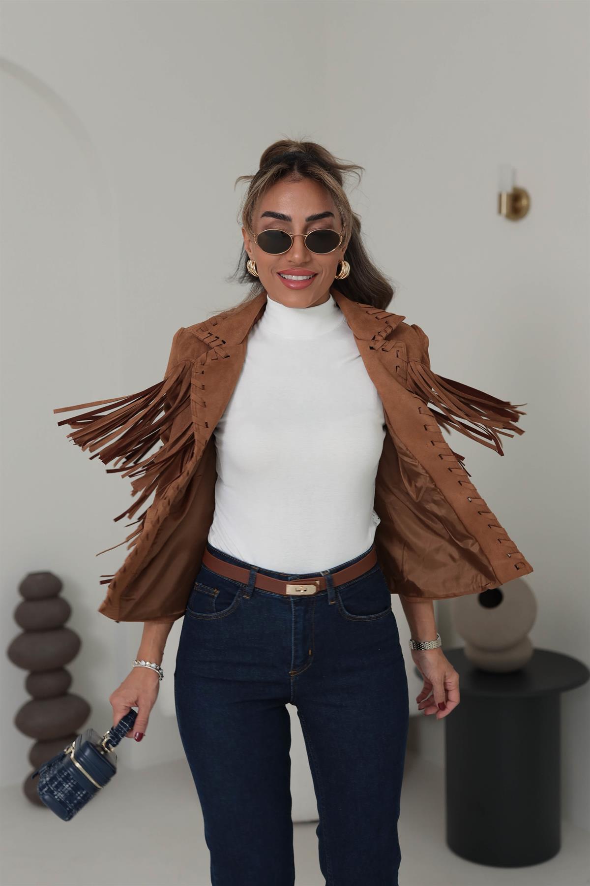 5505 Püskül Detaylı Süet Ceket TABA