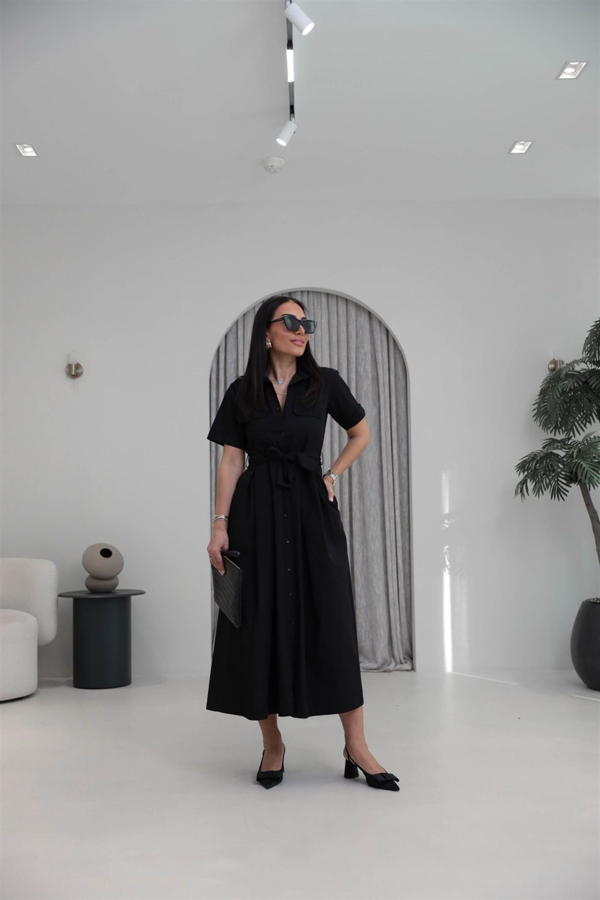 0165 Cep Kapaklı Kuşaklı Kısa Kol Kloş Elbise SİYAH