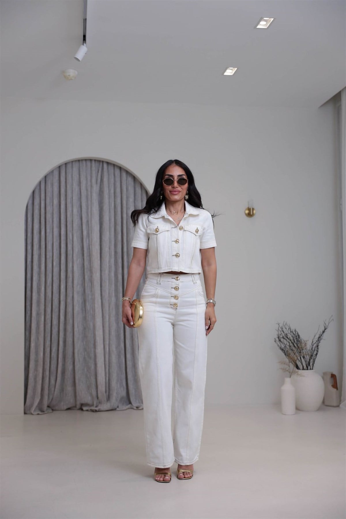 7410 Gold Düğmeli Denim Takım EKRU