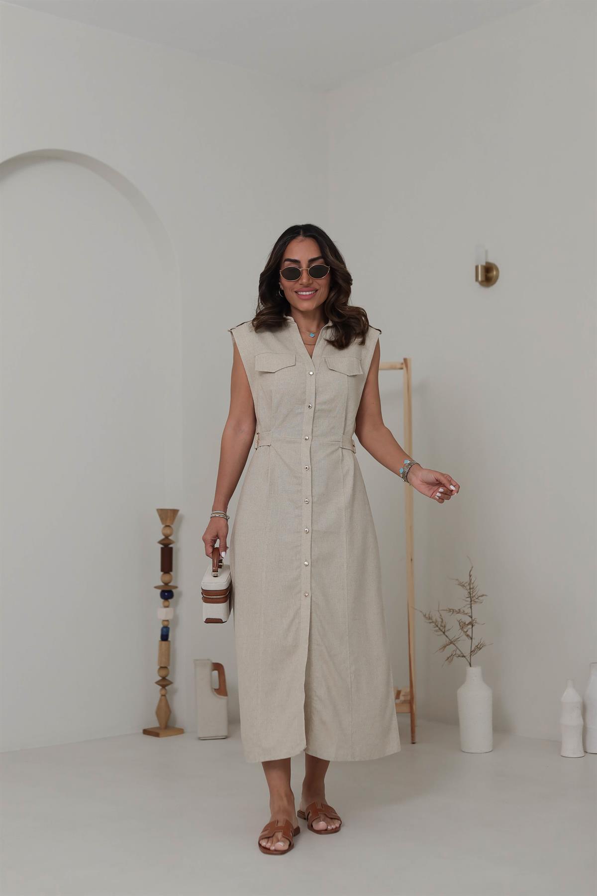 0473 Yanı Tokalı Keten Elbise TAŞ