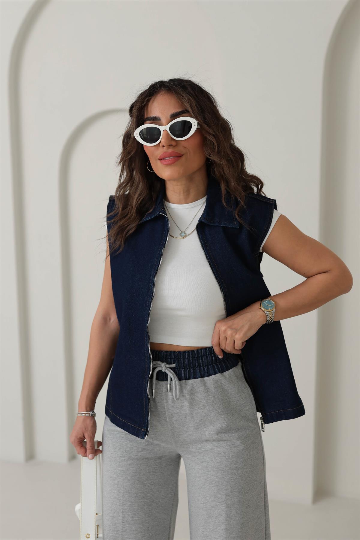 5787 Yanı Kemerli Fermuarlı Kot Yelek LACİVERT