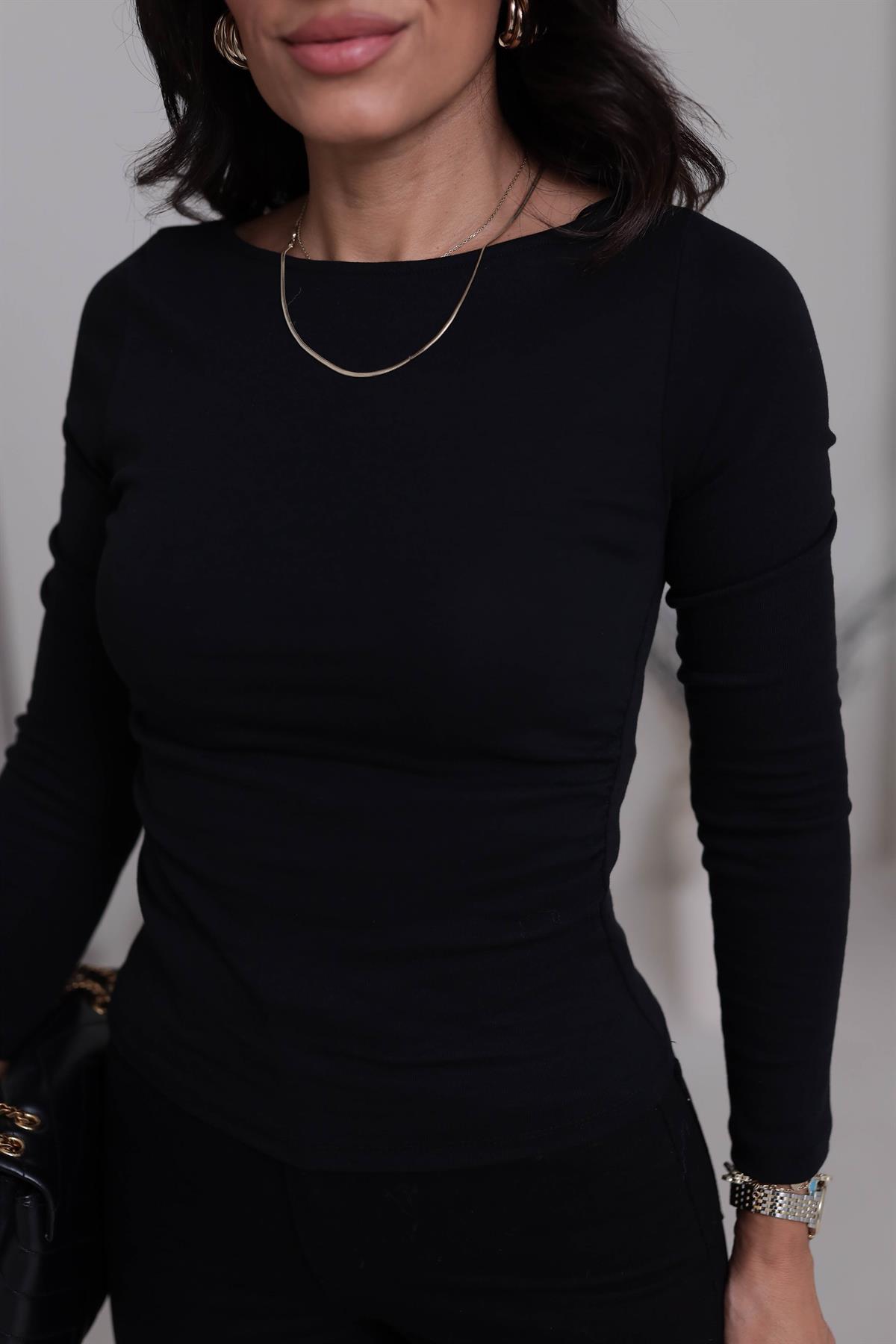 1401 Kayık Yaka Büzgülü Uzun Kollu Bluz SİYAH