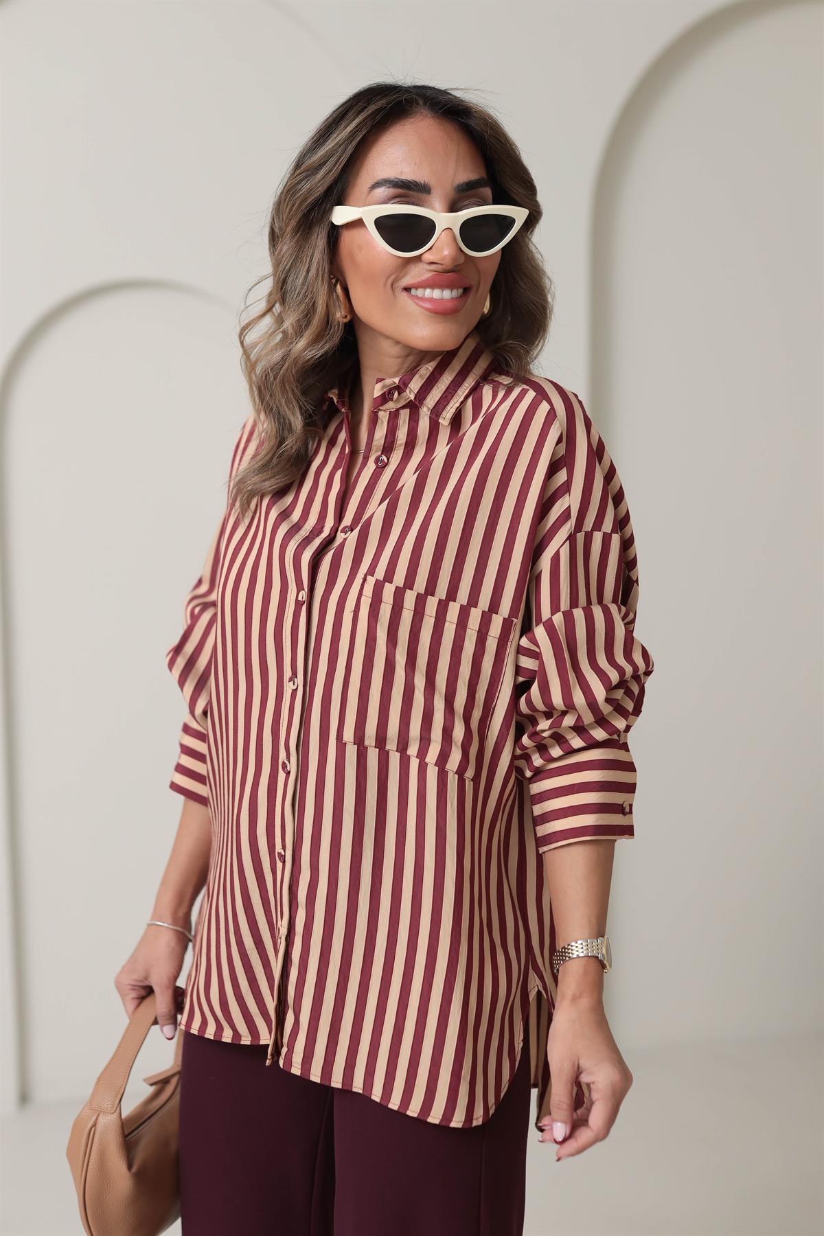 4969 Çizgili Rahat Viskon Gömlek BORDO