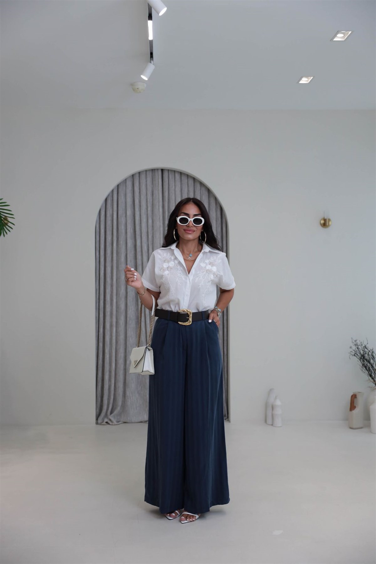 8490 Kemerli Dokulu Tencel Palazzo Pantolon LACİVERT