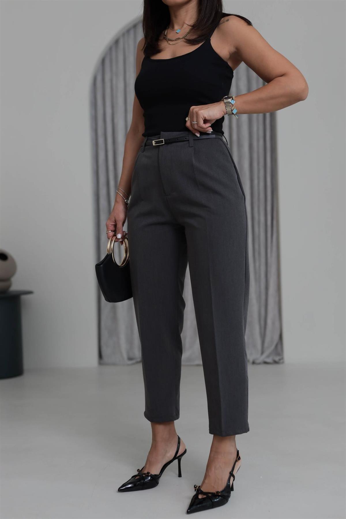 7638 İnce Kemerli Cepli Kumaş Pantolon GRİ