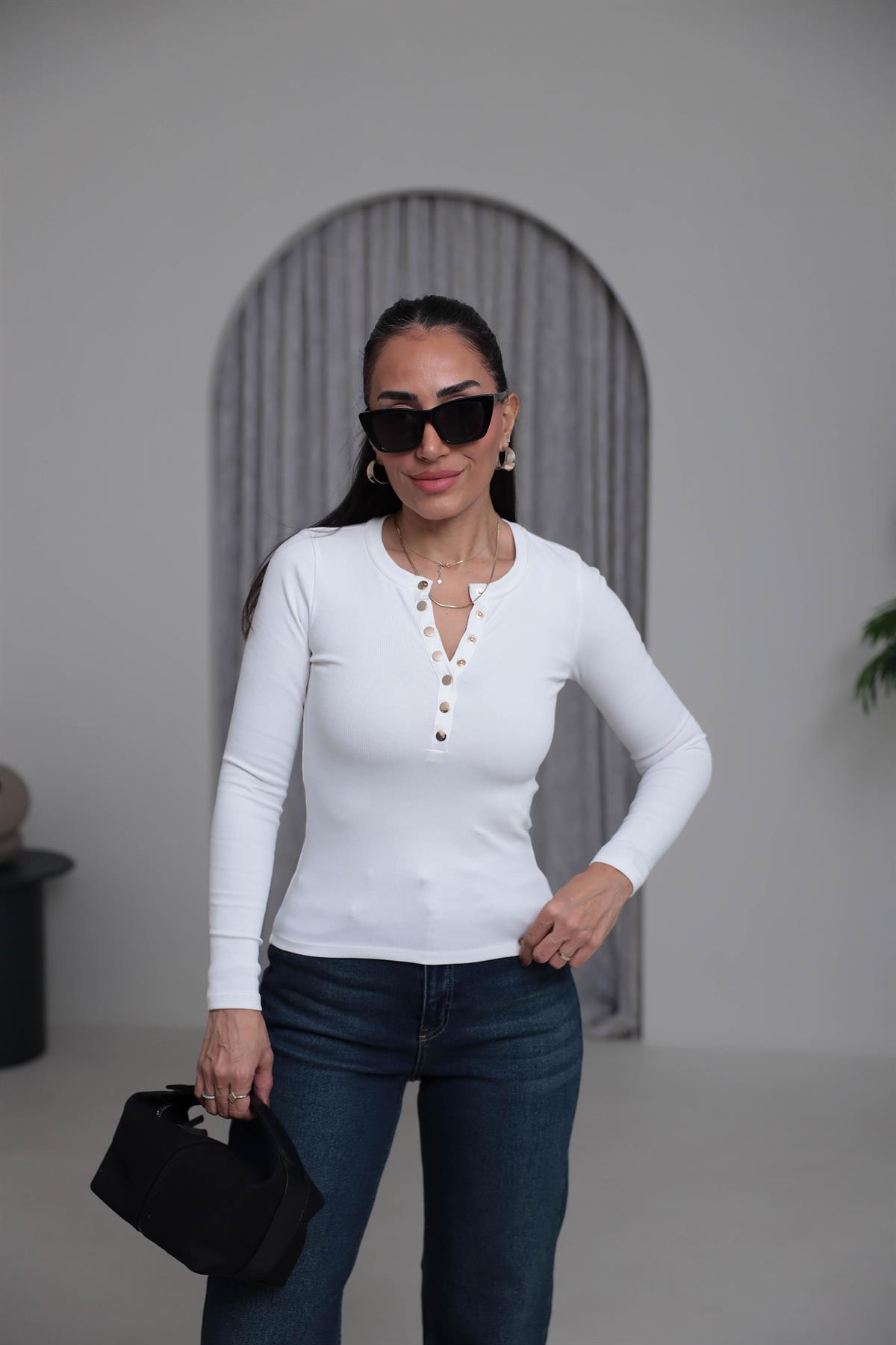 6363K Patlı Gold Düğmeli Pamuklu Bluz EKRU