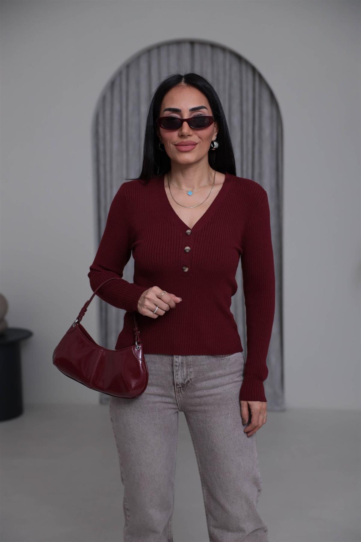 Orj V Yaka Yarım Düğmeli Korsman Triko BORDO