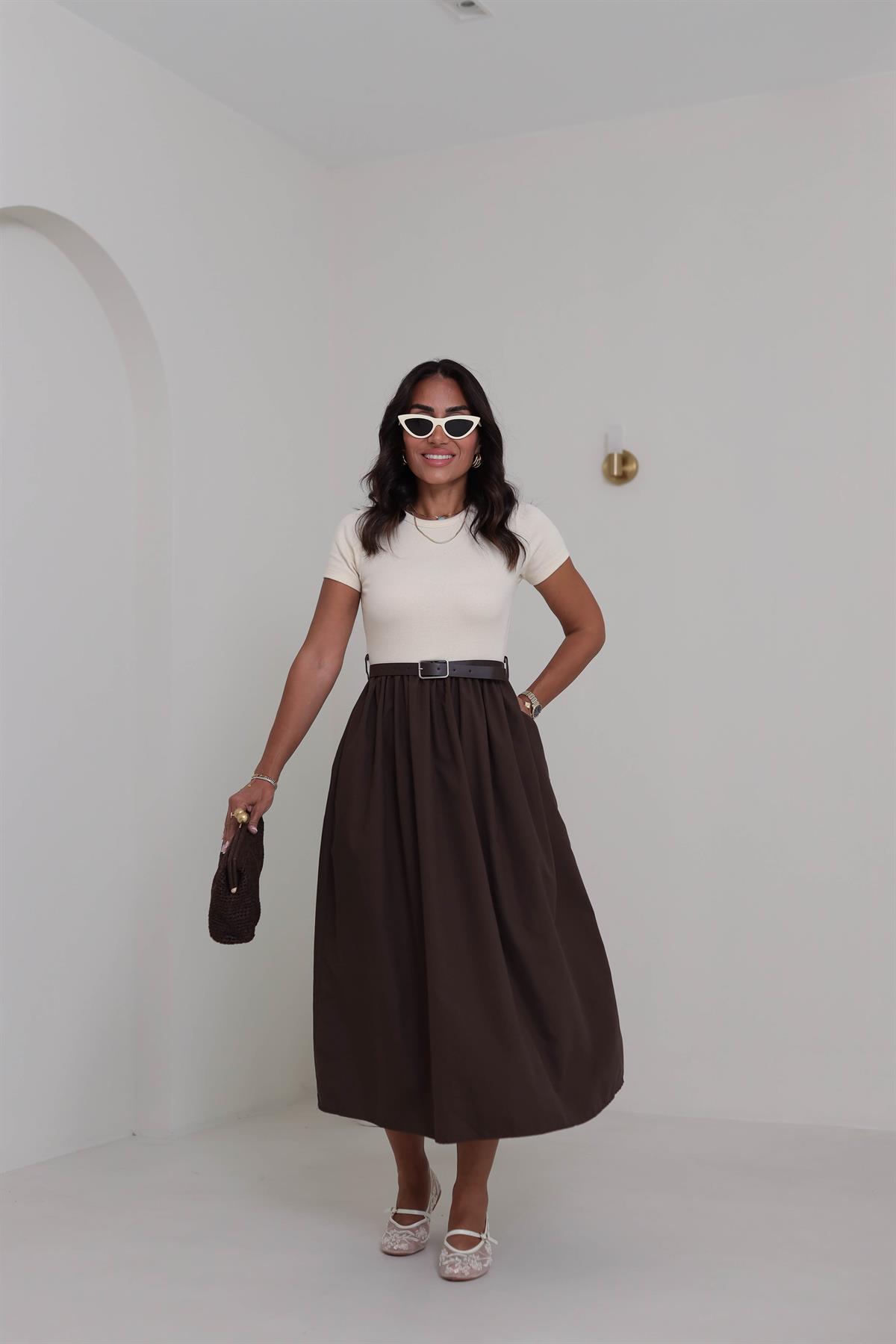 2017 Kemerli Kaşkorse Elbise KREM