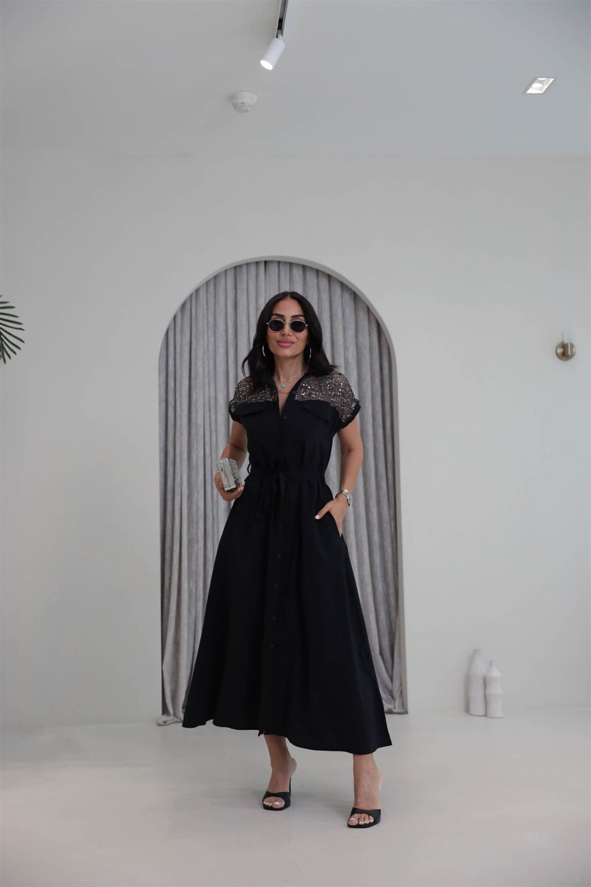 7184 Pul ve File Detaylı Tencel Kumaş Elbise SİYAH