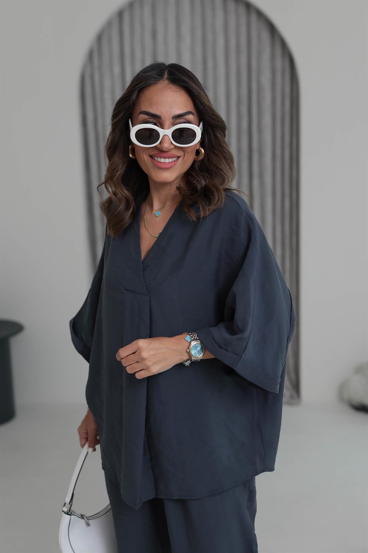 3077 Düşük Kol Tencel Kumaş Takım ANTRASİT