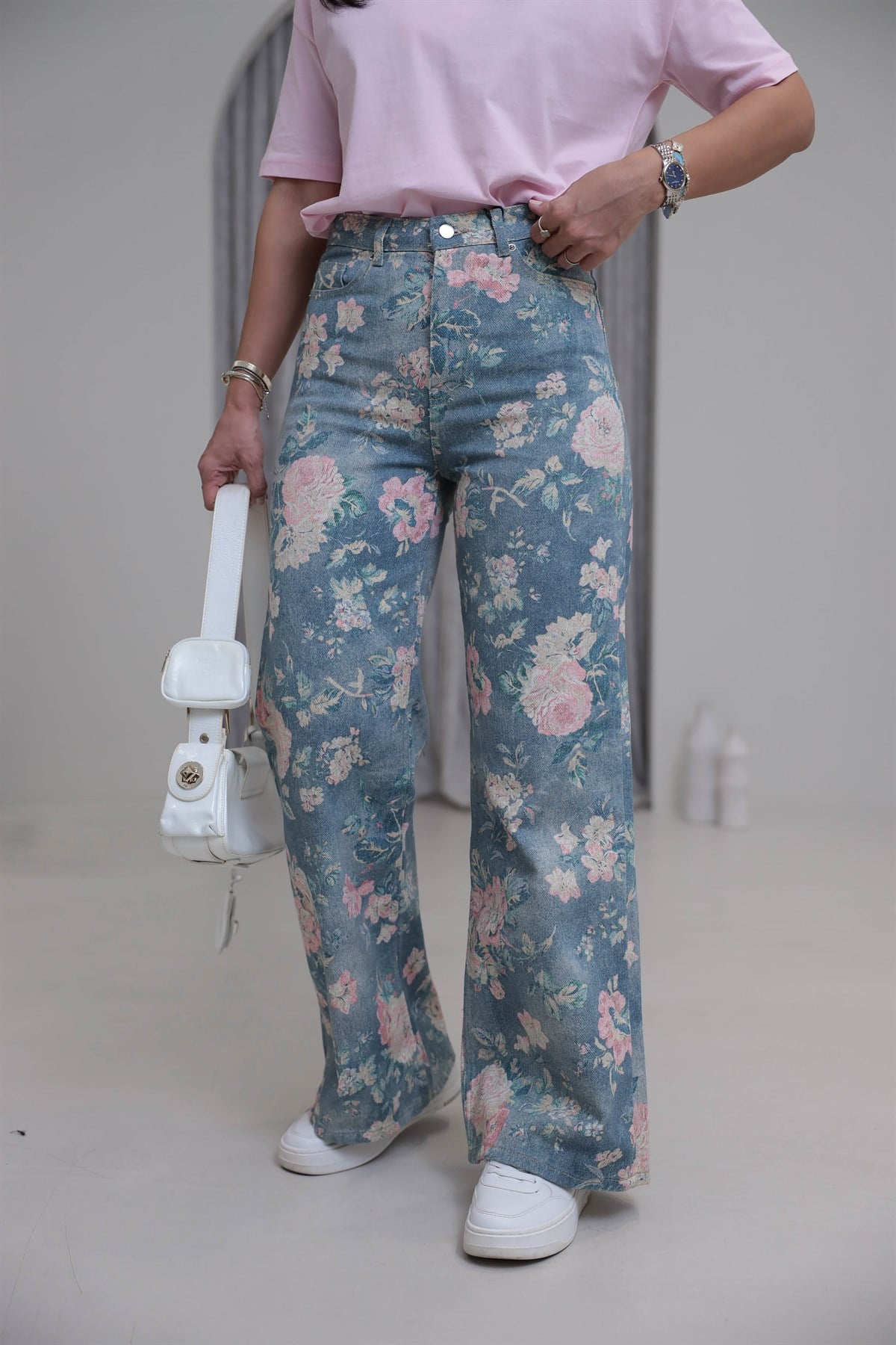1033 Çiçek Desenli Yüksek Bel Kot Pantolon MAVİ