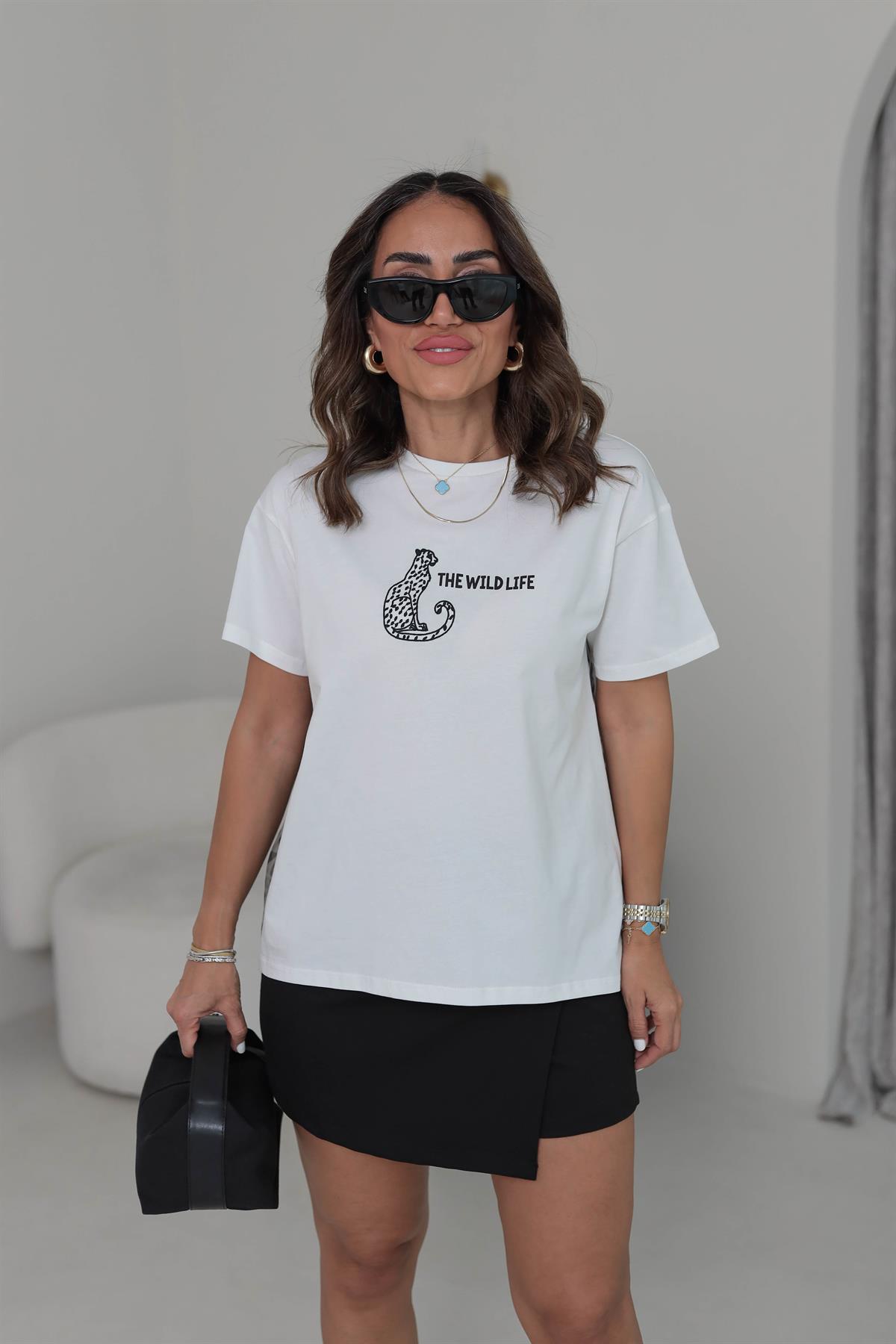 0161 Arka Asimetrik Leopar Organze Kaplan Nakışlı Tshirt EKRU