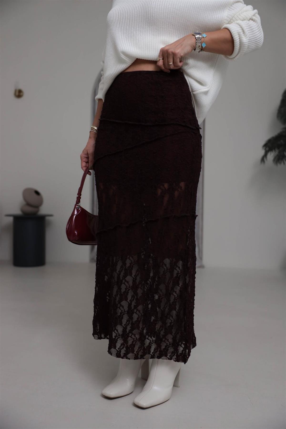 8818 Astarlı Dikiş Detaylı Dantel Etek MÜRDÜM