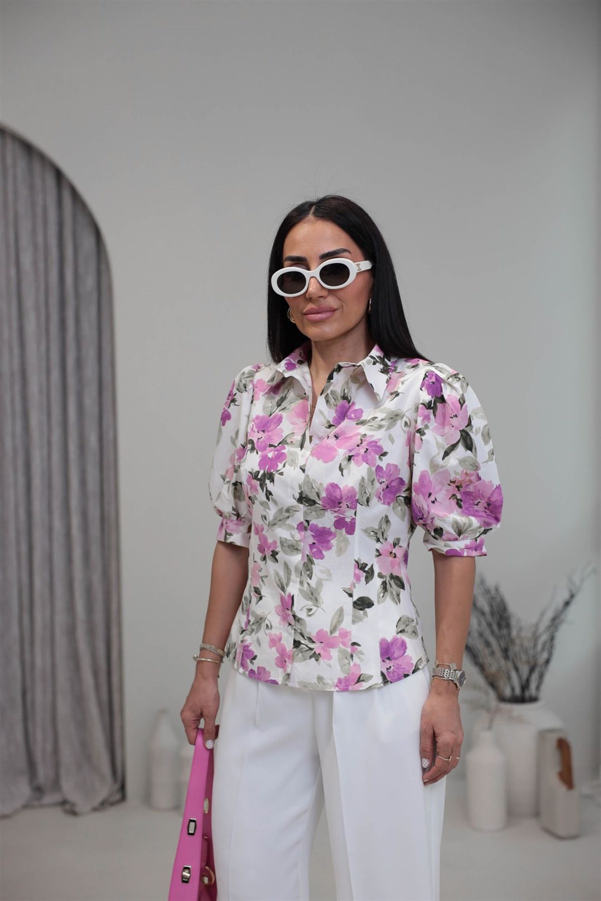 3294 Çiçek Desenli Kısa Kol Gömlek LİLA