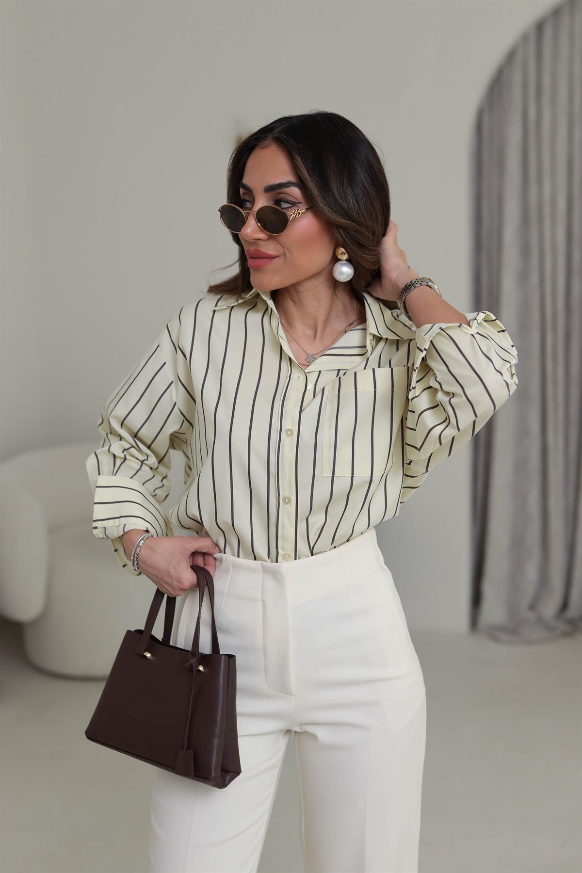 3142 Çizgili Cep Detaylı Poplin Gömlek SARI