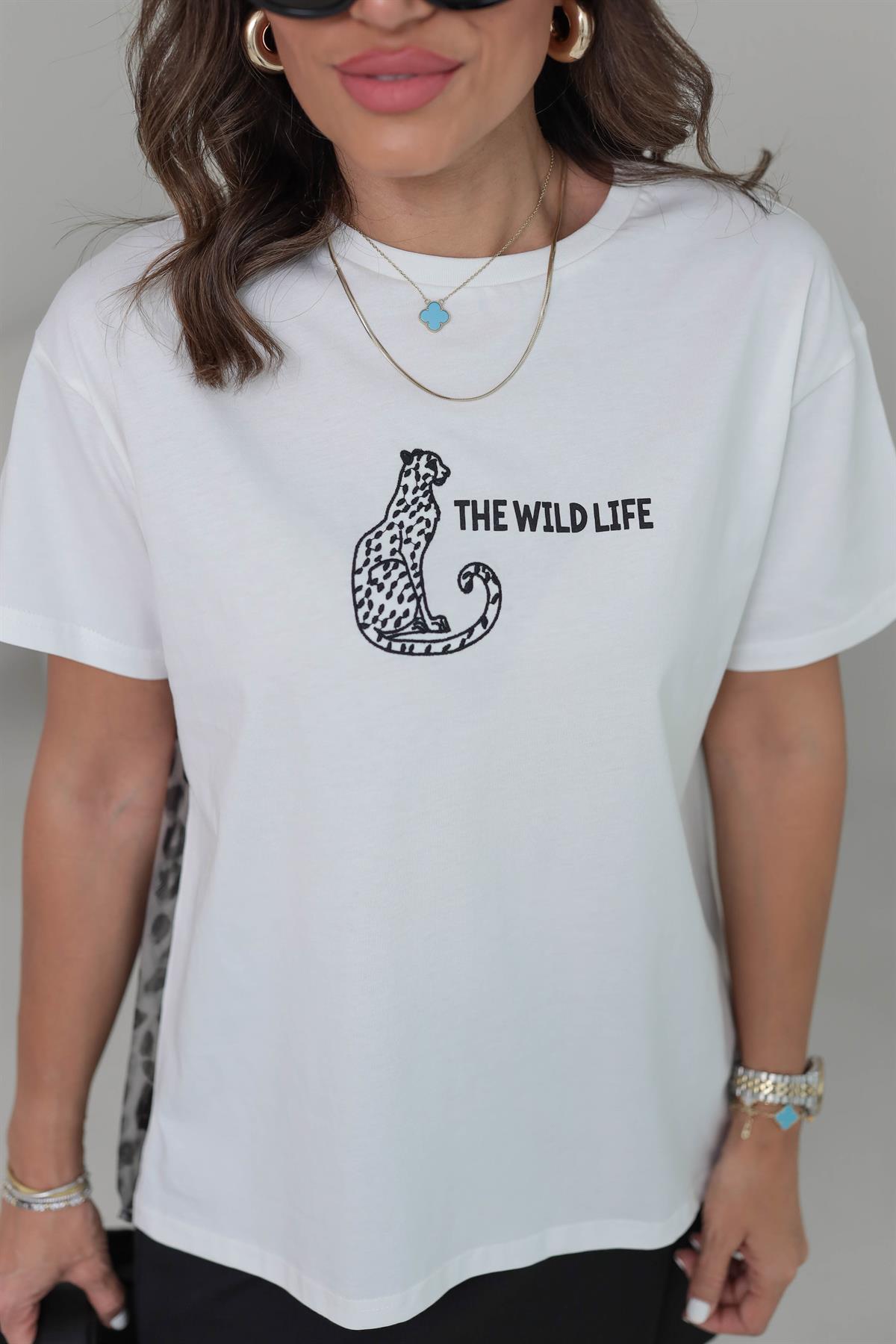 0161 Arka Asimetrik Leopar Organze Kaplan Nakışlı Tshirt EKRU