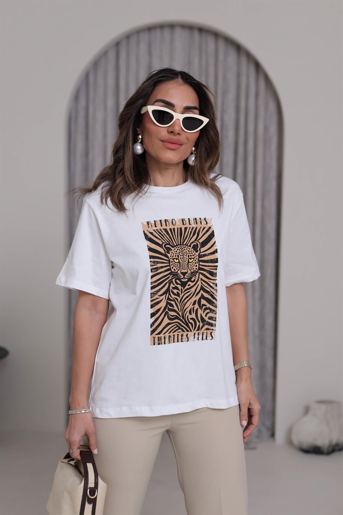 7113 Leopar Baskılı Pamuklu Tshirt EKRU