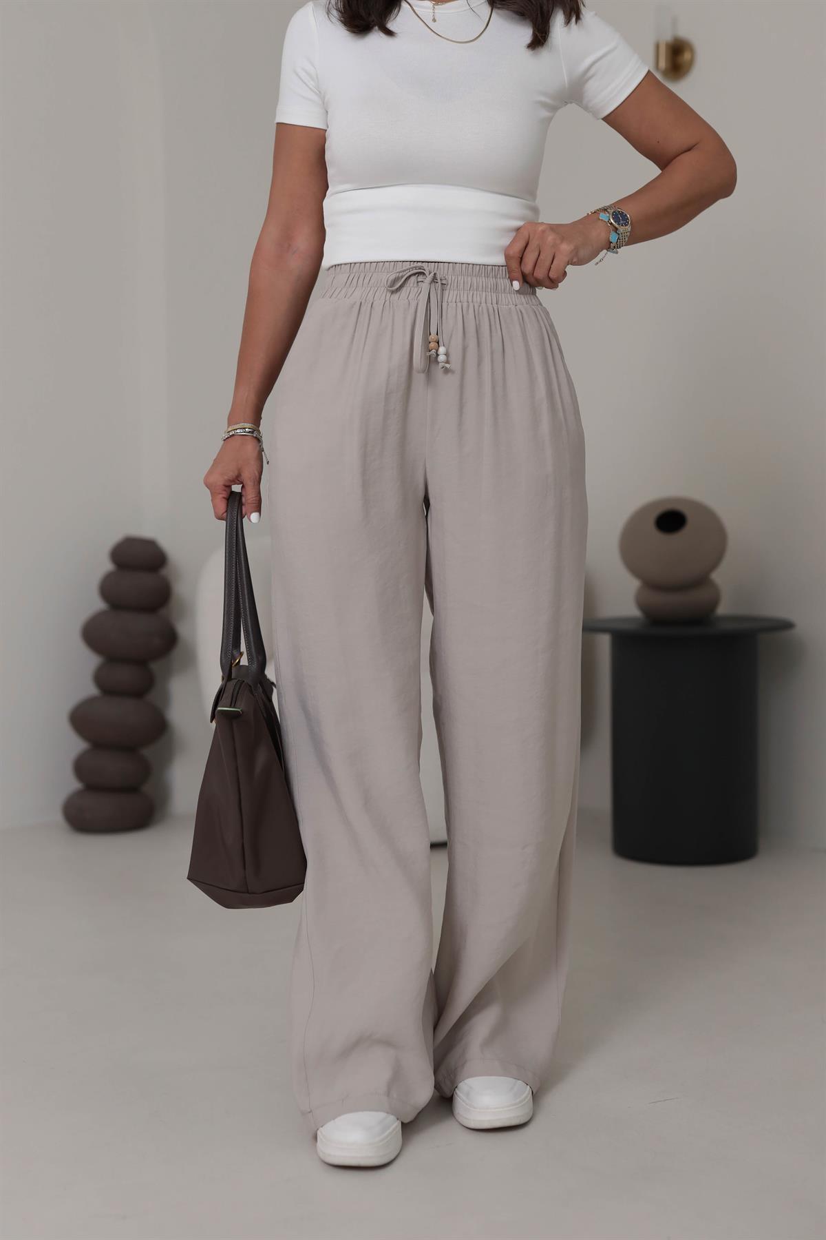 0253 Bel Lastikli Tencel Rahat Pantolon TAŞ