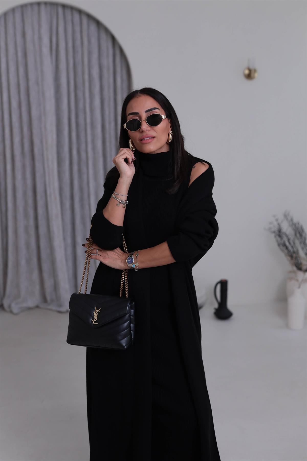 0117 Balıkçı Yaka Sıfır Kol Elbiseli Hırkalı Takım SİYAH