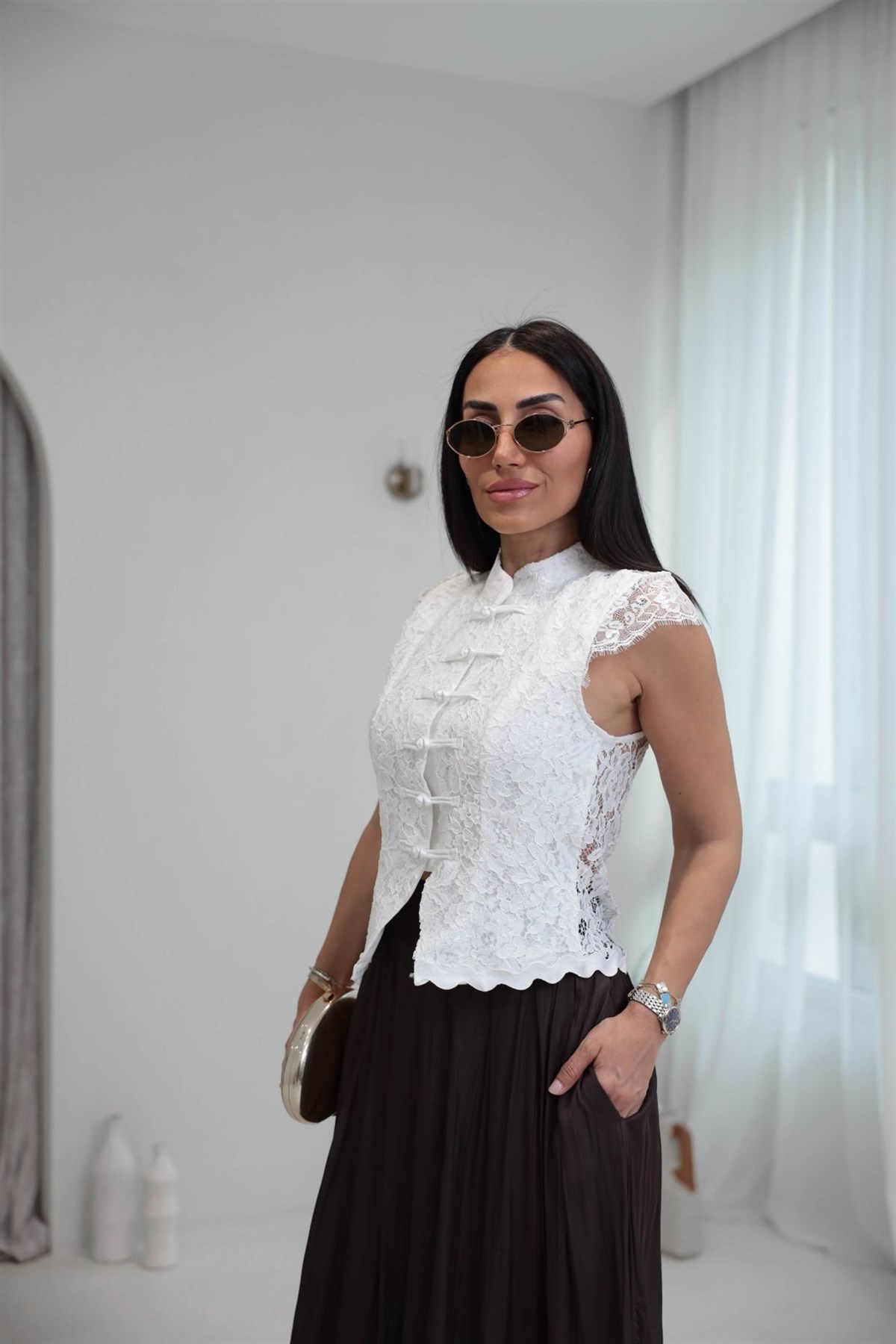 7139 Güpür Detaylı Hakim Yaka Yelek EKRU