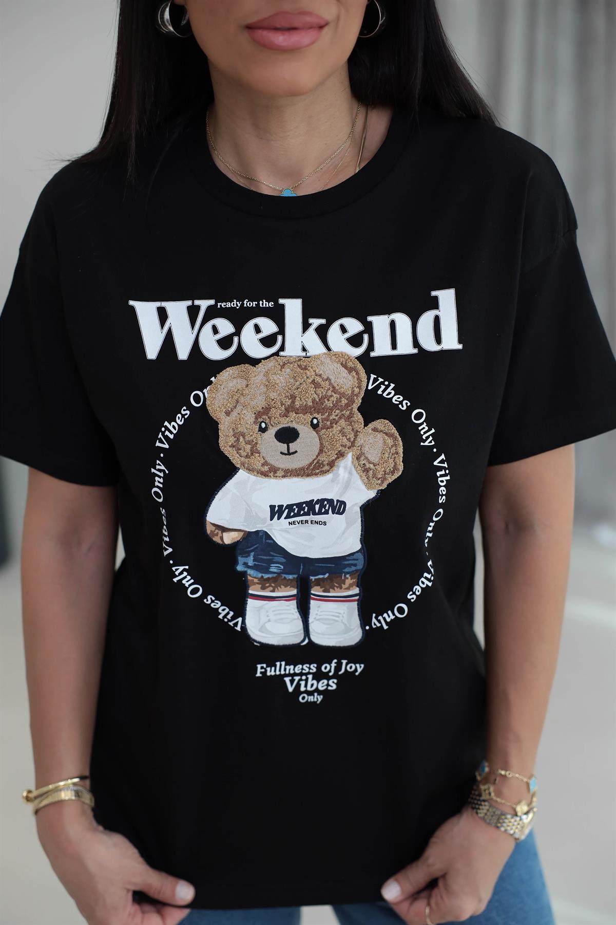 7514 Bisiklet Yaka Teddy Aplikeli Tshirt SİYAH