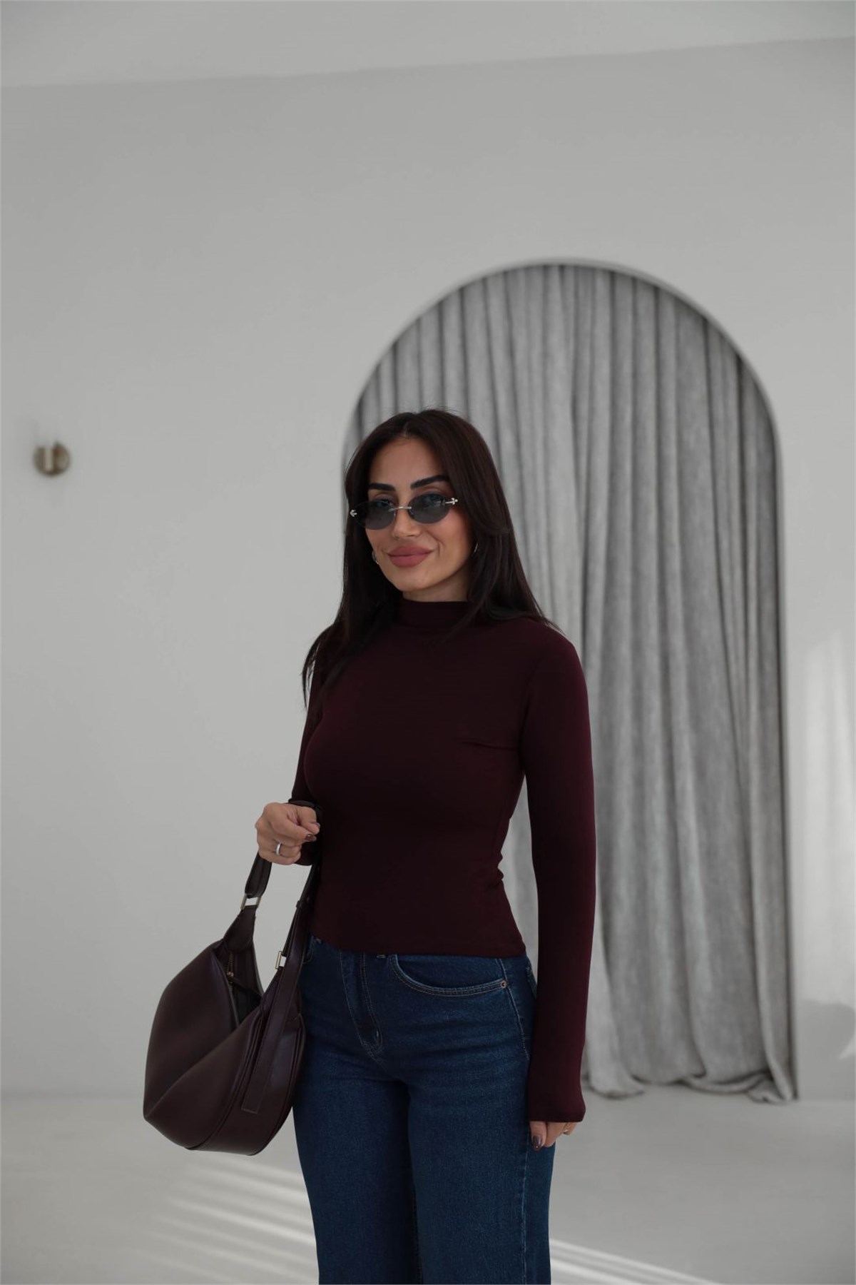 3244 Oys Model Balıkçı Yaka Modal Bluz MÜRDÜM