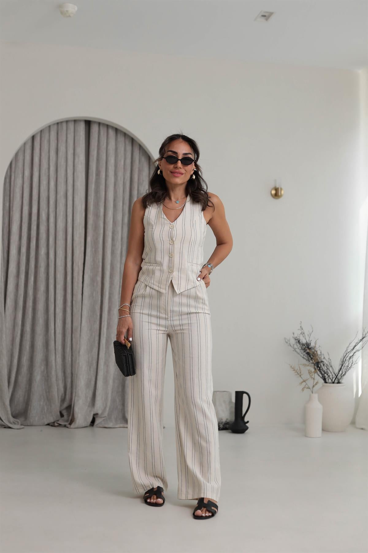 6159 Keten Kumaş Çizgili Yelek Takım NATURAL