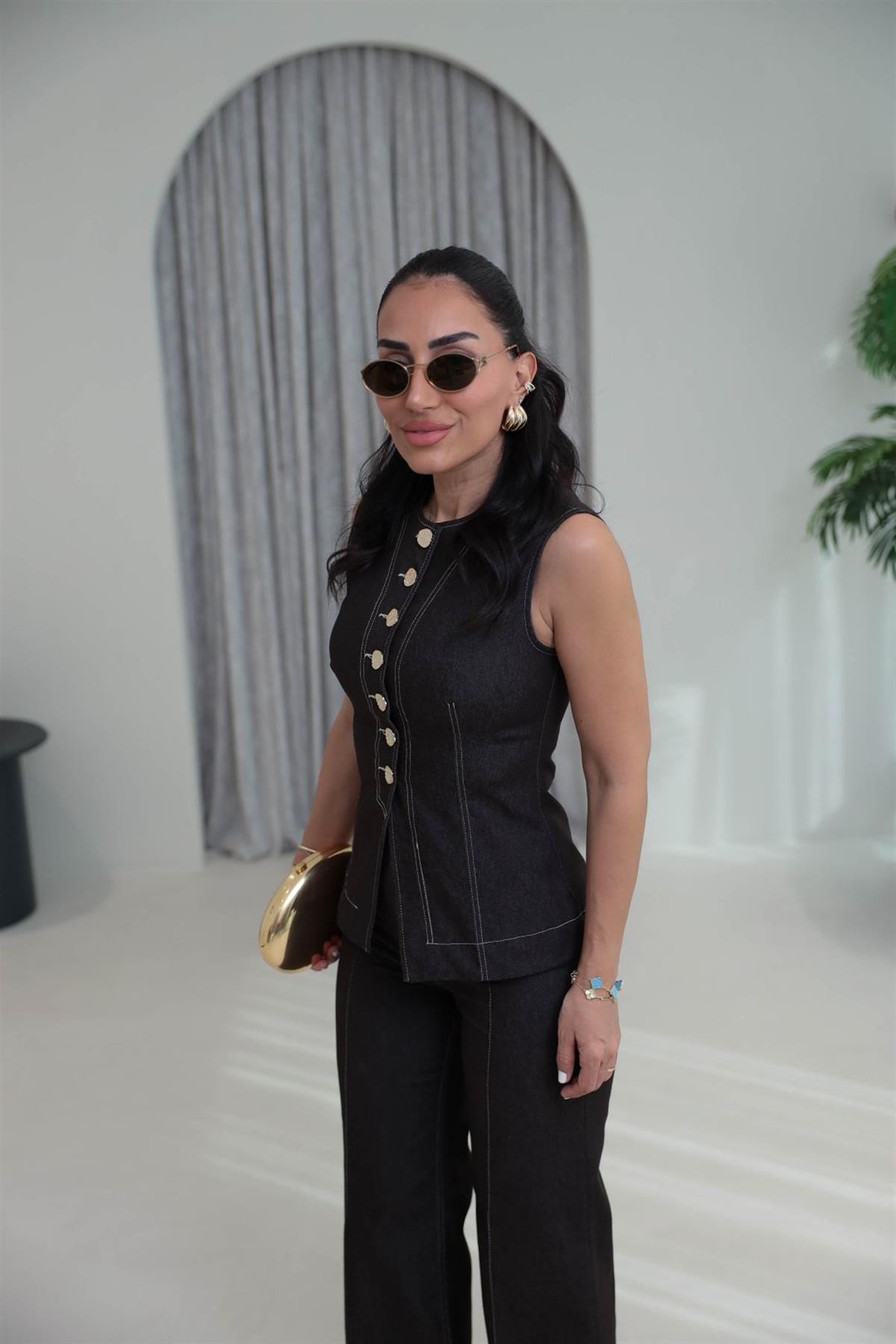 8053 Gold Düğmeli Yelekli Likralı Takım KAHVE