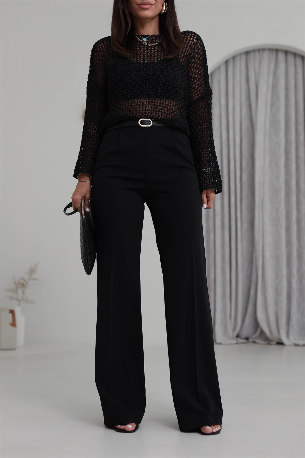 9011K Kemerli Likralı Palazzo Pantolon SİYAH
