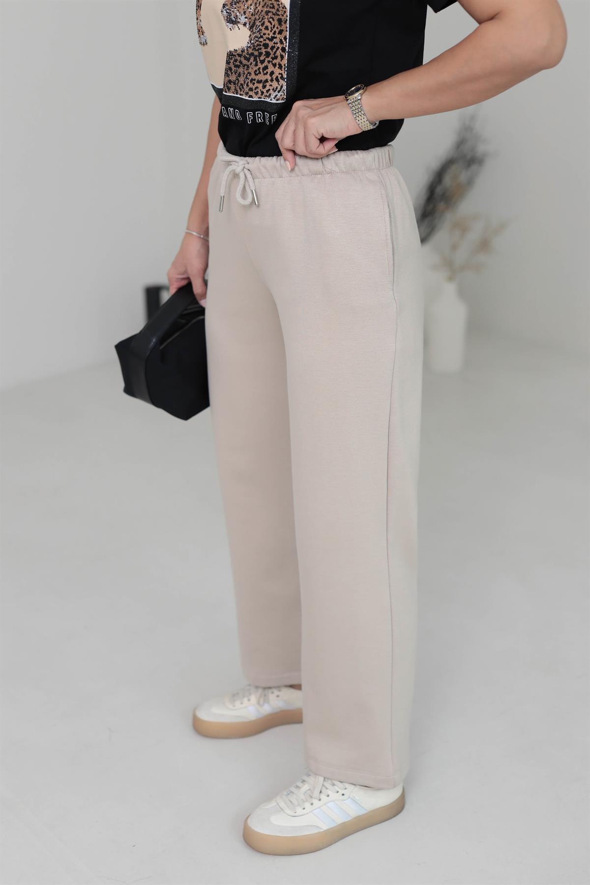 Beli Lastikli Yumuşak Doku Şardonlu Eşofman Altı BEJ