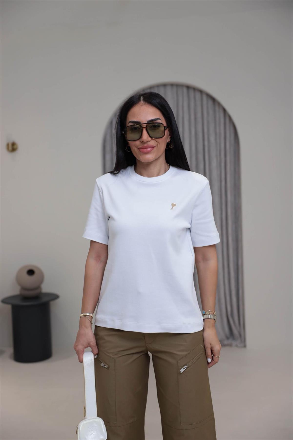 Gold Metal Kalpli Bisiklet Yaka Pamuklu Tshirt BEYAZ