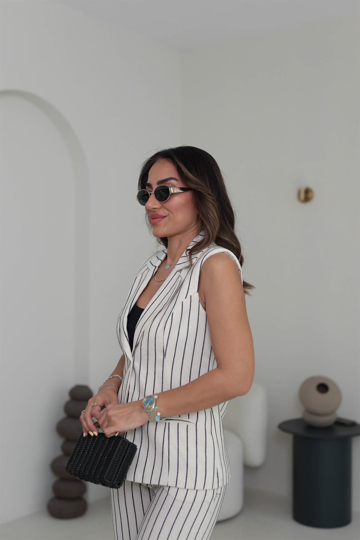 8669 Tek Düğmeli Çizgili Keten Yelek & Pantolon Takım SİYAH