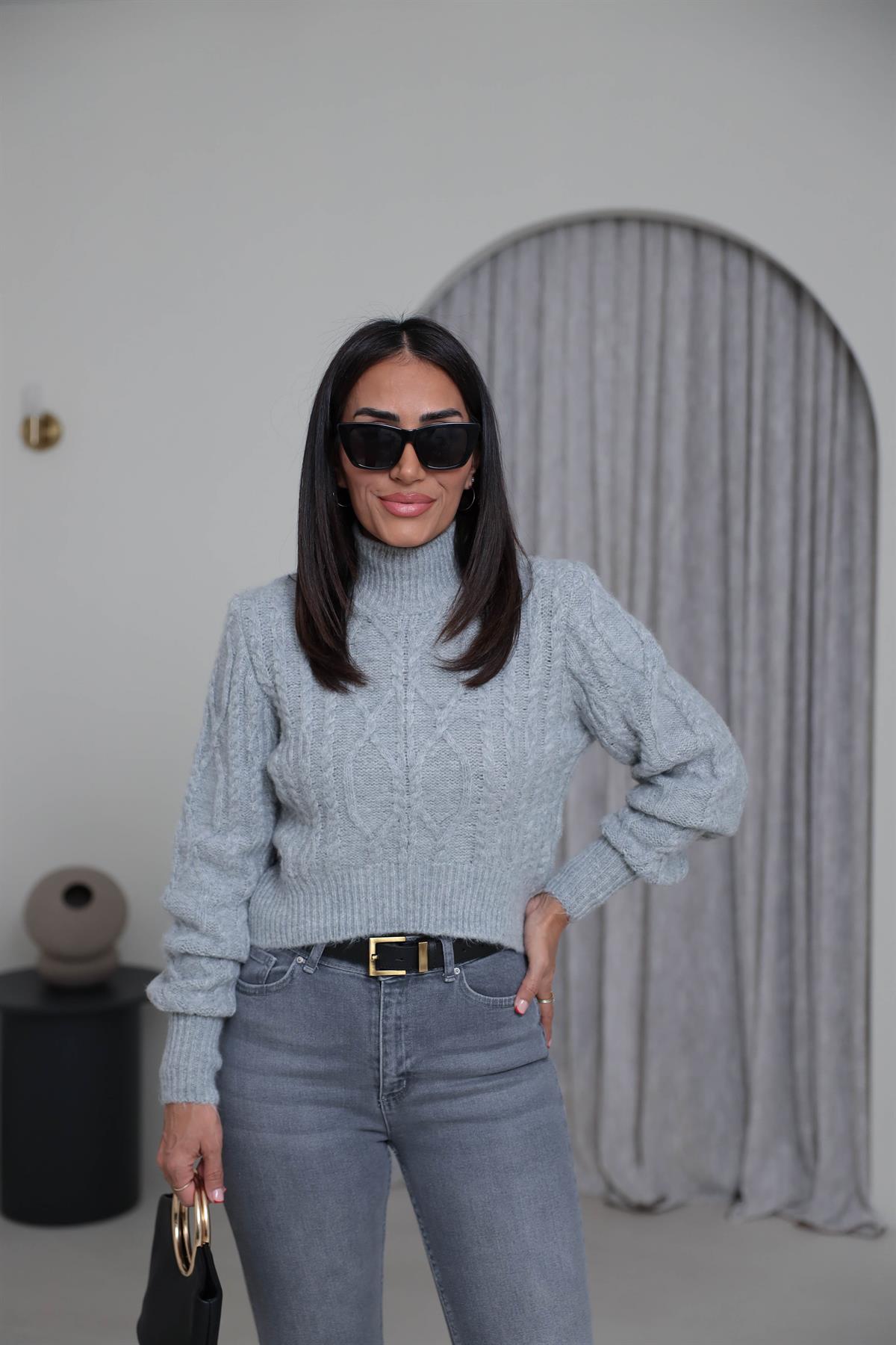 2549 Balıkçı Yaka Örgü Desen Kazak GRİ