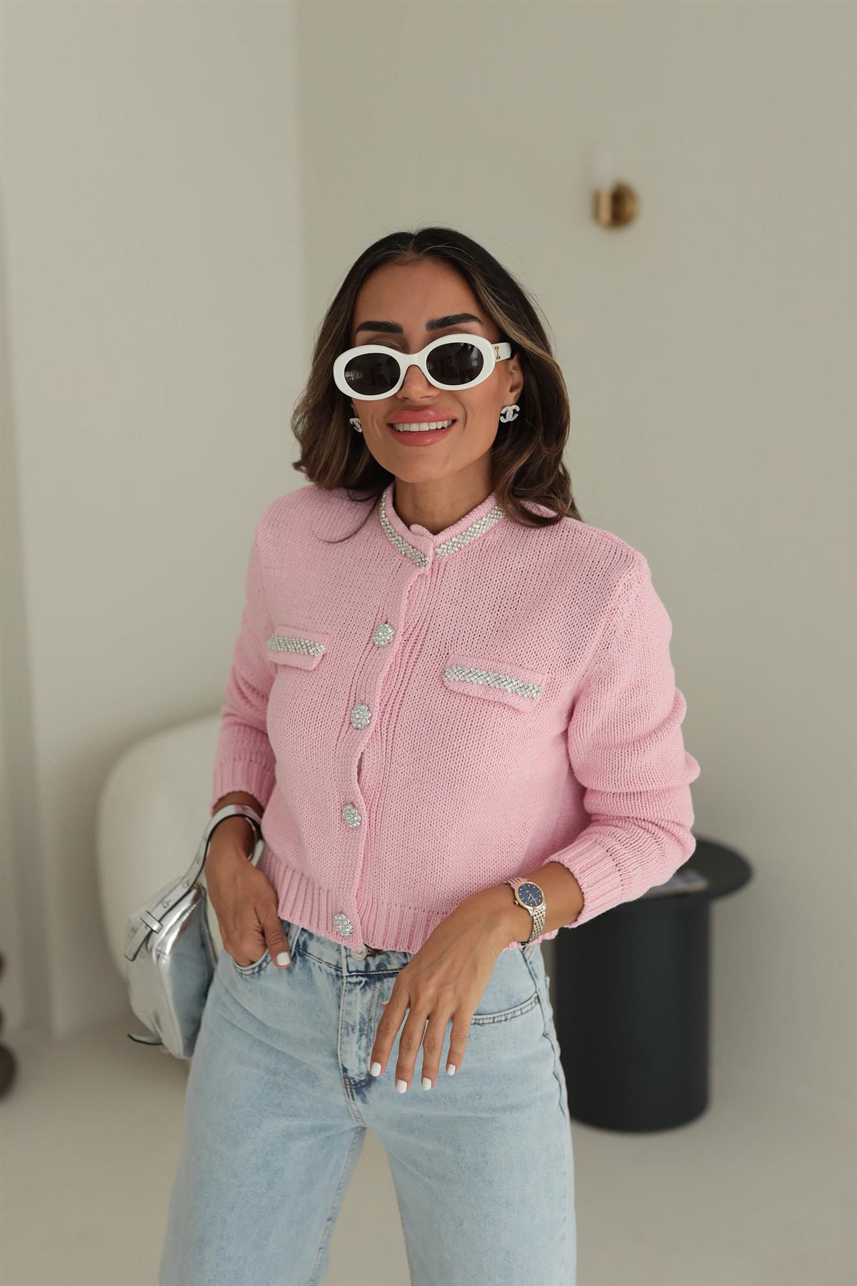 4388 Taş Detaylı Hırka PEMBE