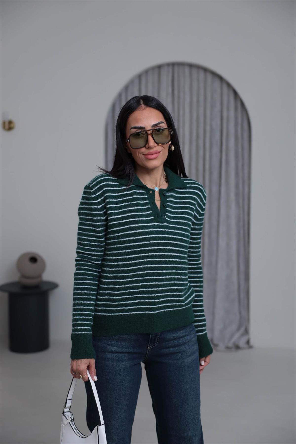 4968 Polo Yaka Yarım Düğmeli Çizgili Kazak YEŞİL