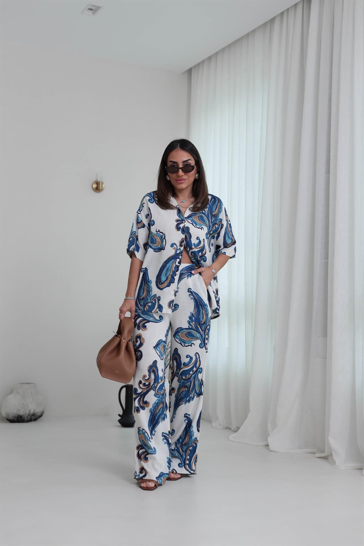 8351 Floral Desen Keten Gömlek & Pantolon Takım MAVİ