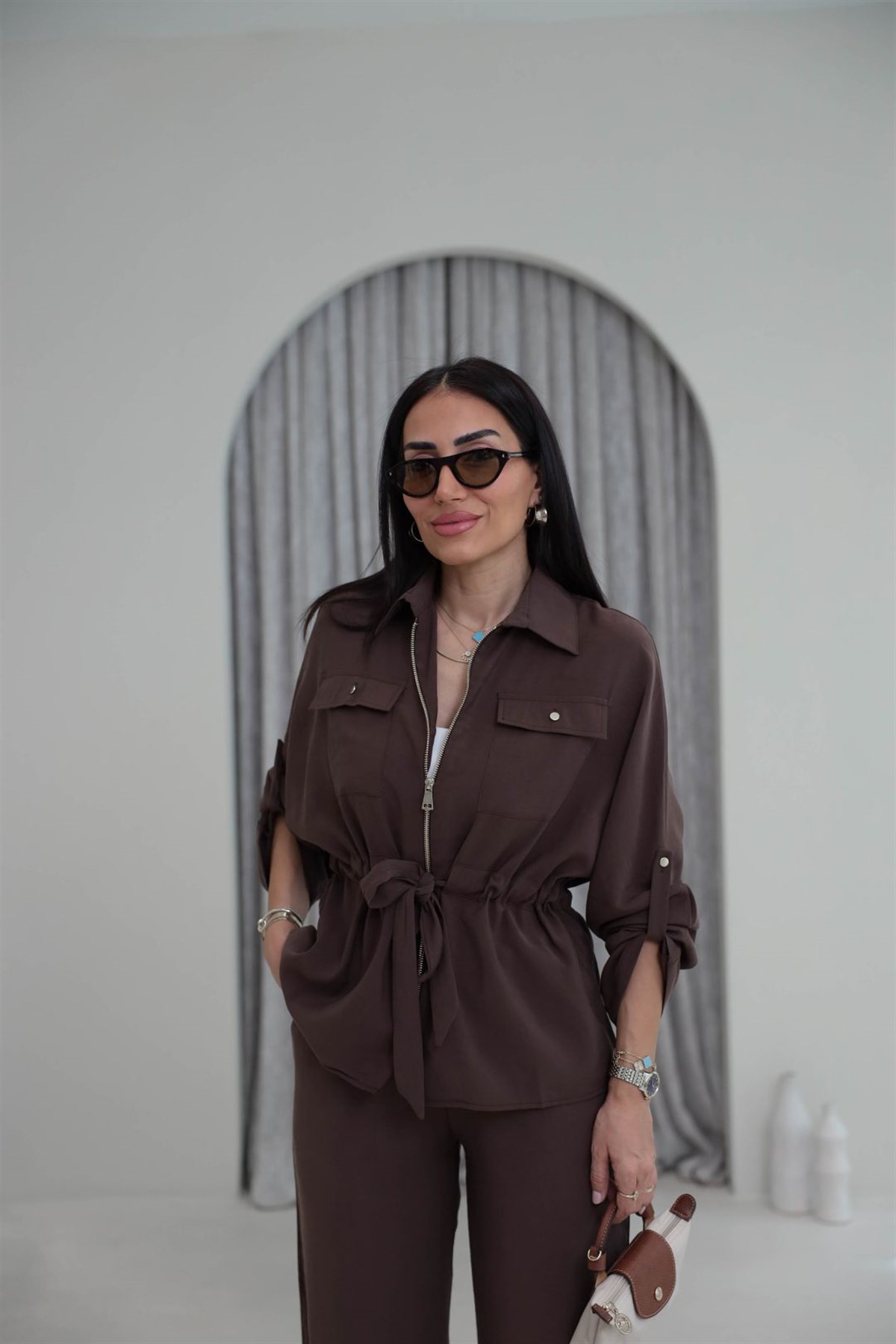 1003 Cep Kapaklı Fermuarlı Bel Büzgülü Modal Tencel Takım KAHVE