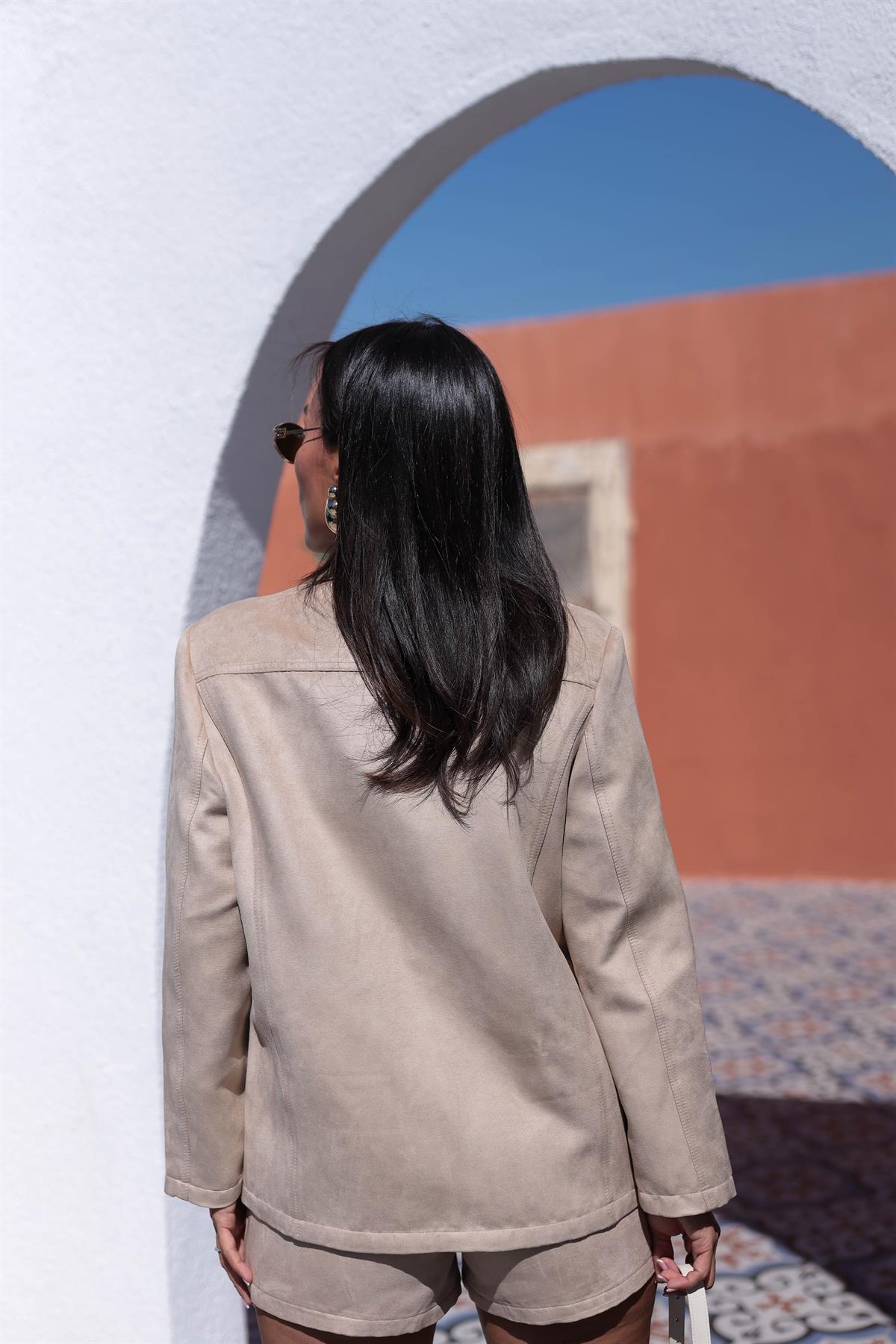 0825 Vatkalı Düğmeli Süet Ceket TABA