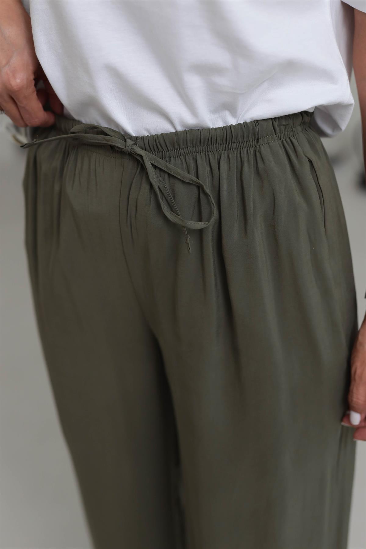 8002 Beli Lastikli Bağcıklı Tencel Pantolon HAKİ YEŞİL