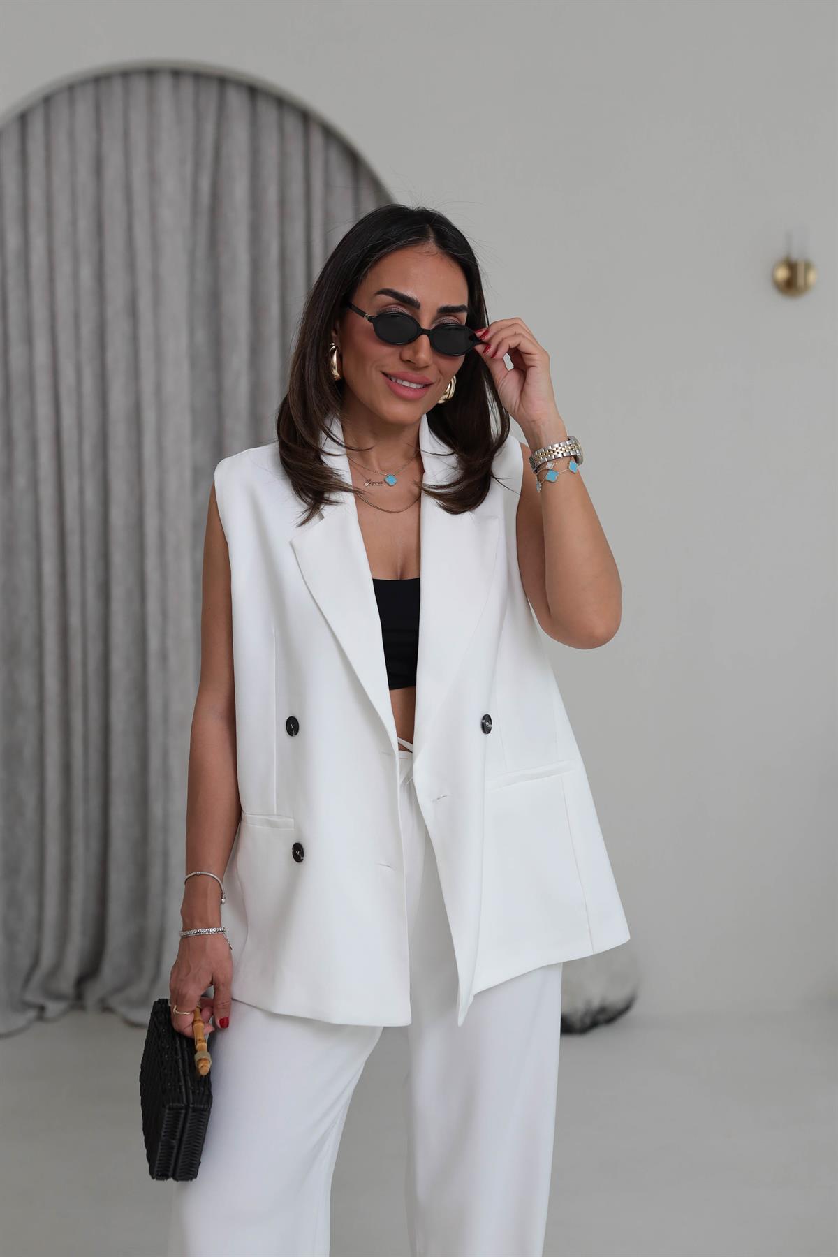 0382 Kruvaze Yaka Yelek Pantolon Tencel Takım BEYAZ