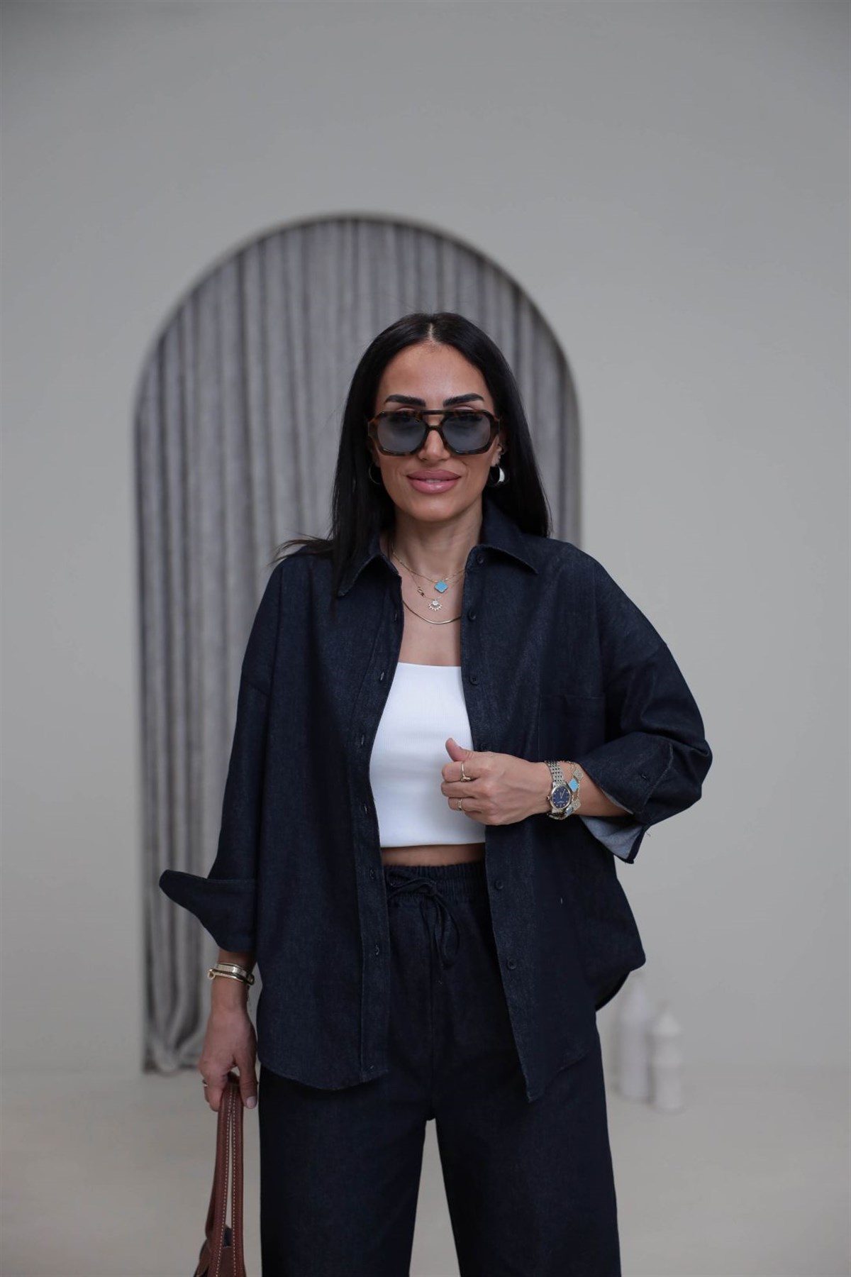 3012 Likralı Gömlekli Kot Takım LACİVERT