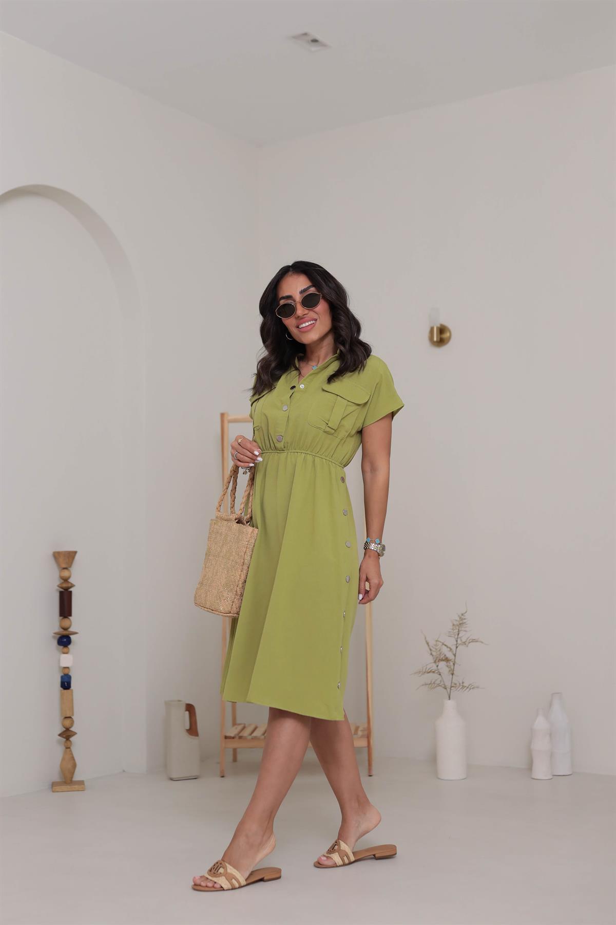 5921 Yan Çıtçıt Detay Elbise YEŞİL