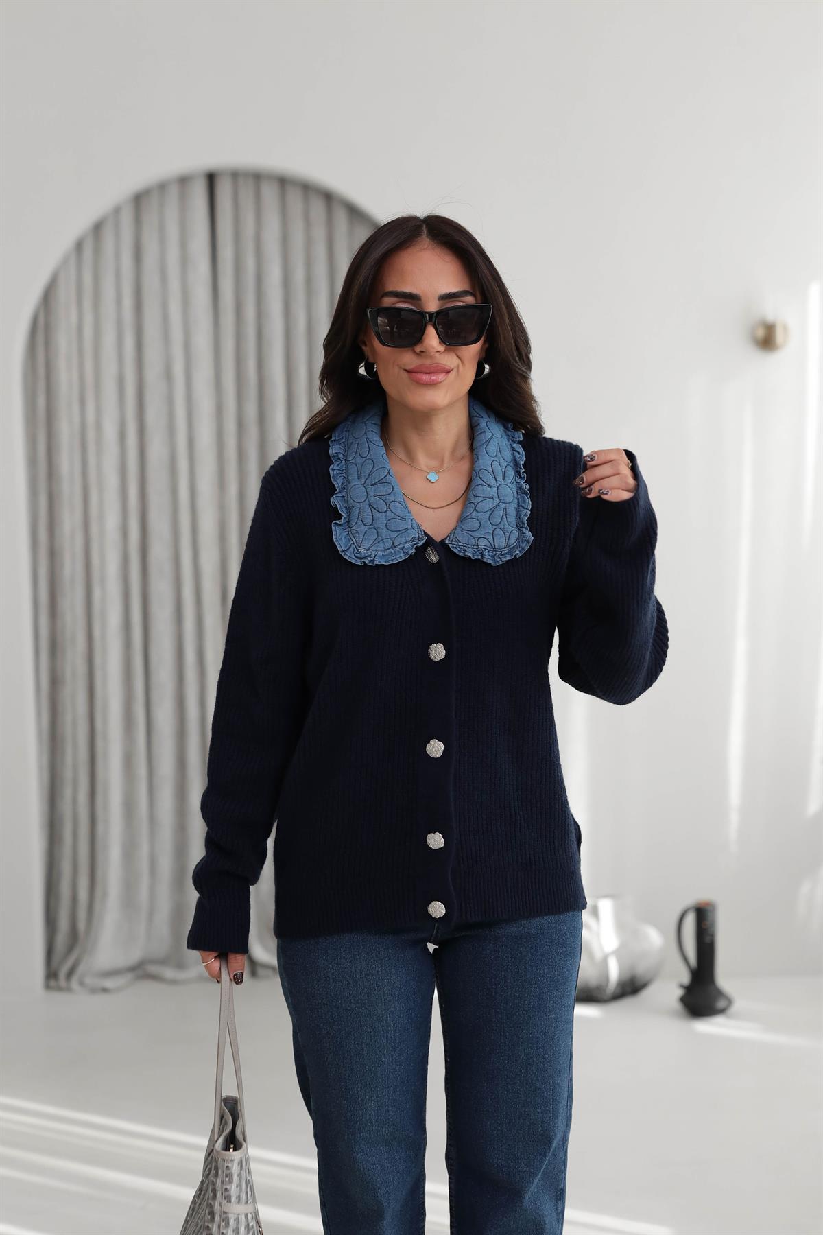 1105 Yakası Kapitone Kot Kumaş Detaylı Hırka LACİVERT