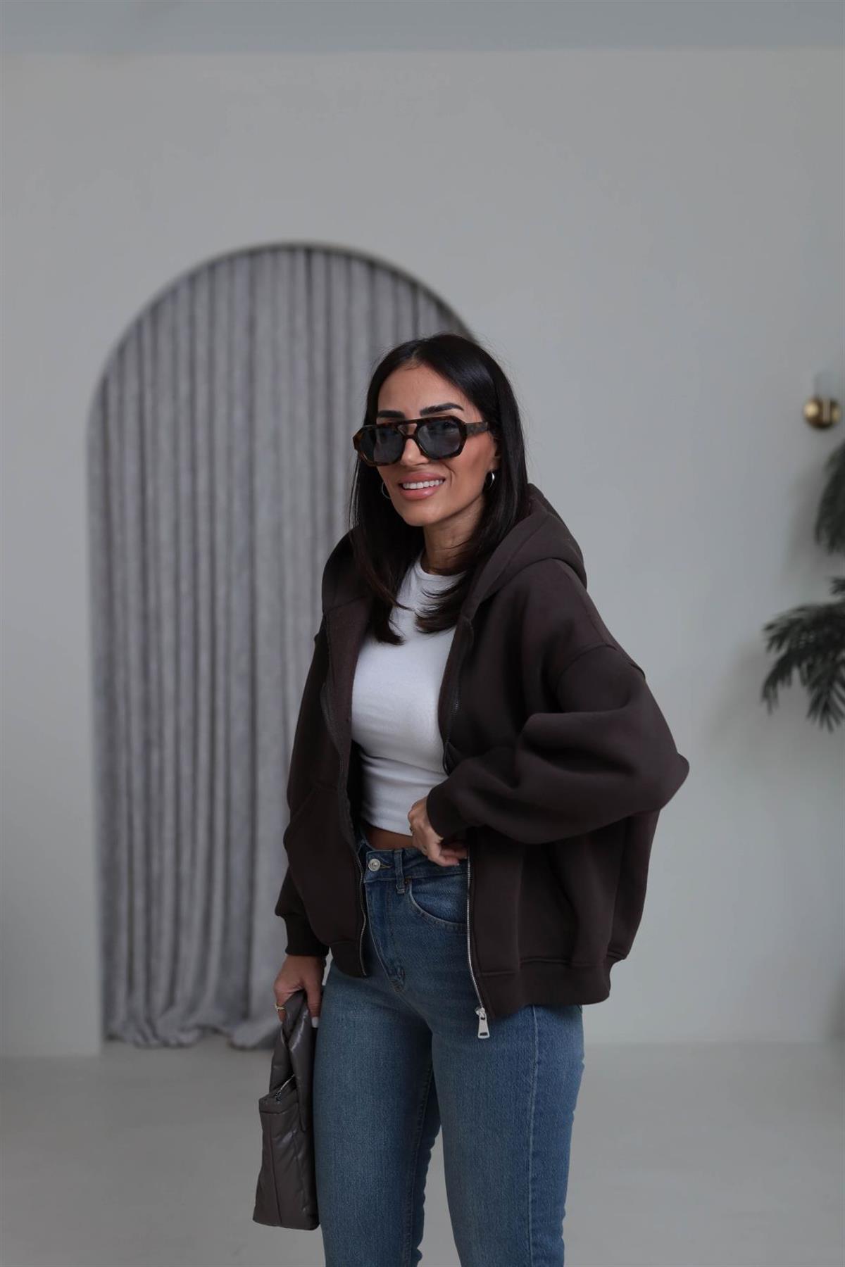 0822 Kapüşonlu Fermuarlı Şardonlu Sweatshirt ACI KAHVE