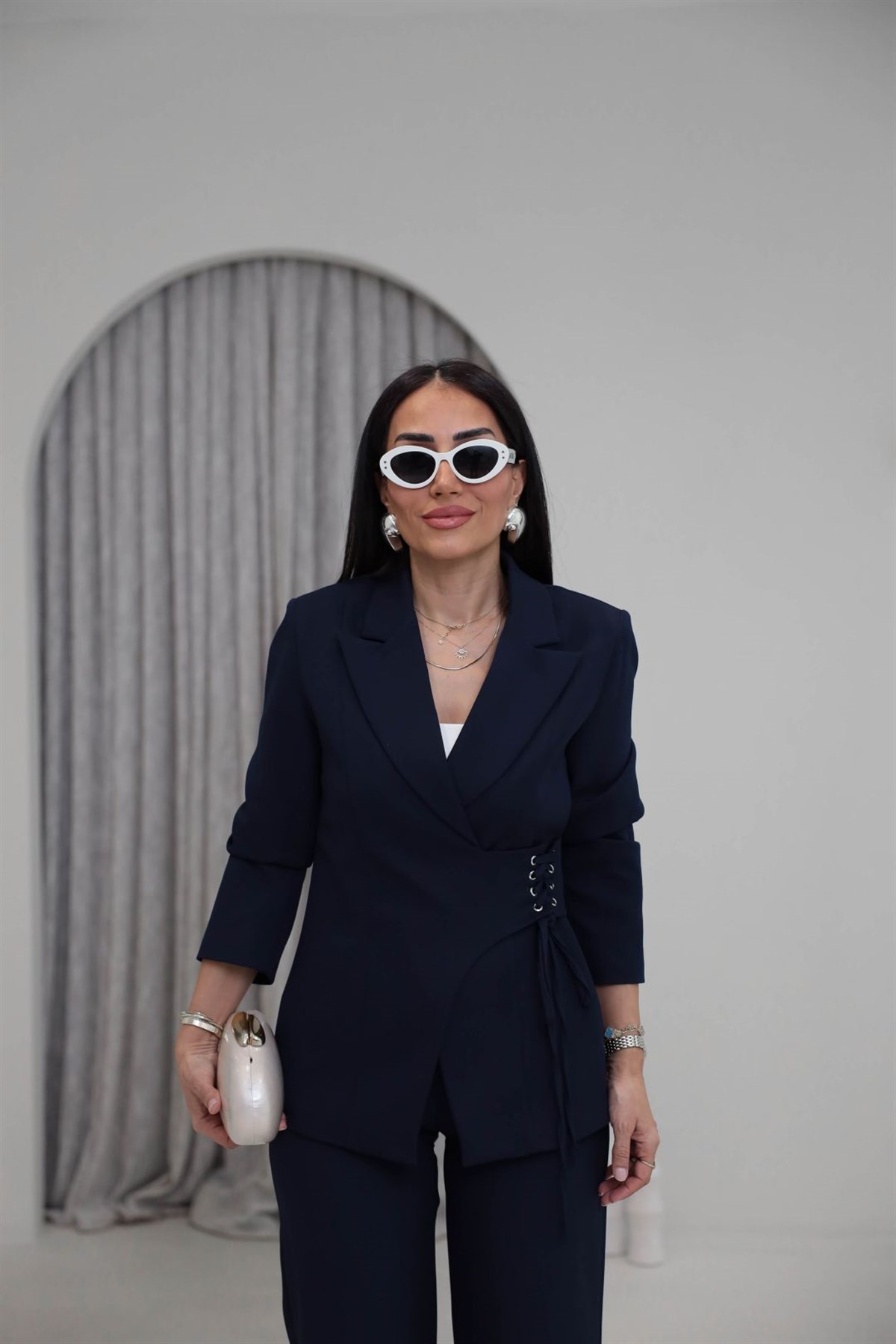 9295 Yandan Kuşgözü Bağlama Detaylı Ceket Pantolon Takım LACİVERT