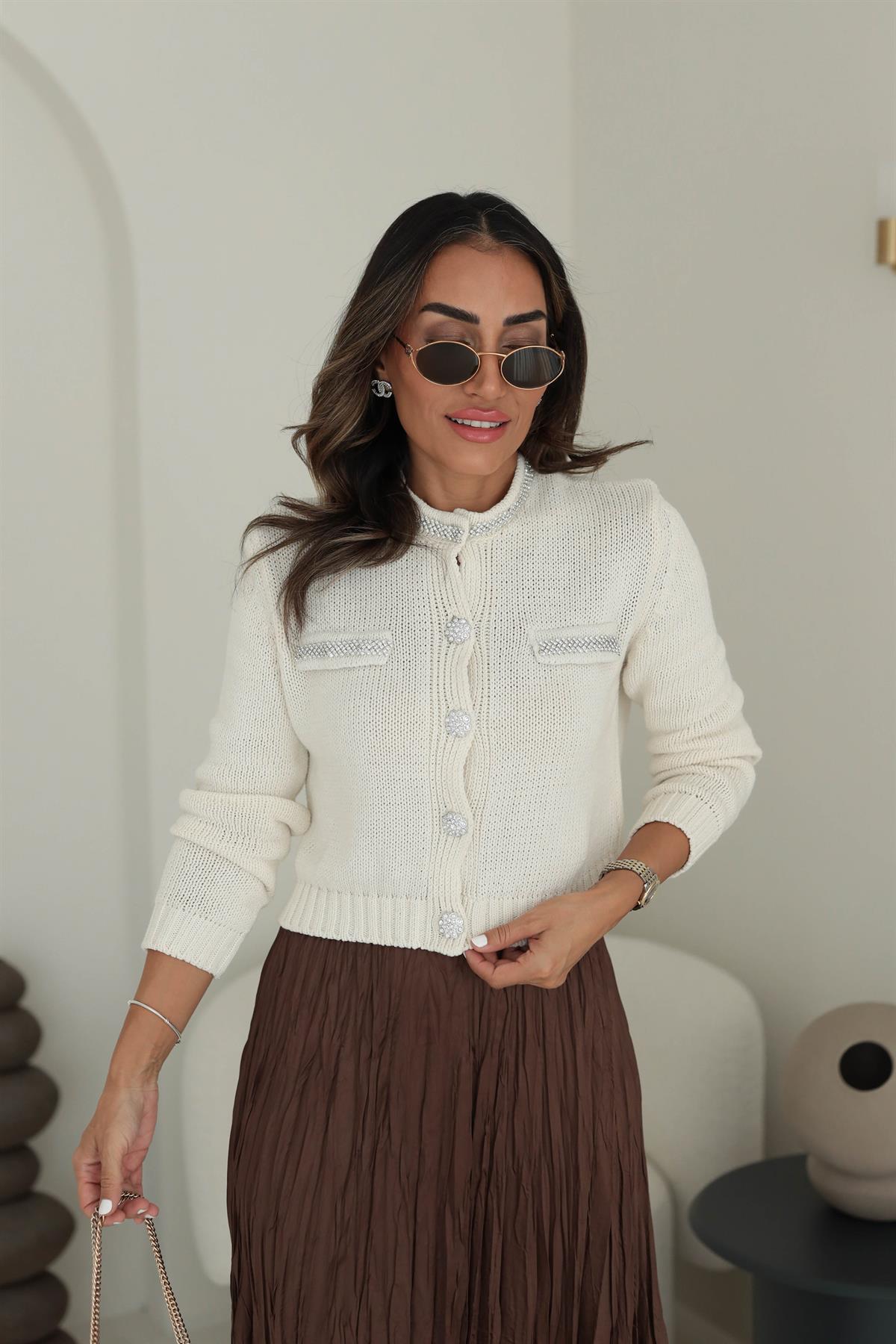 4388 Taş Detaylı Hırka EKRU