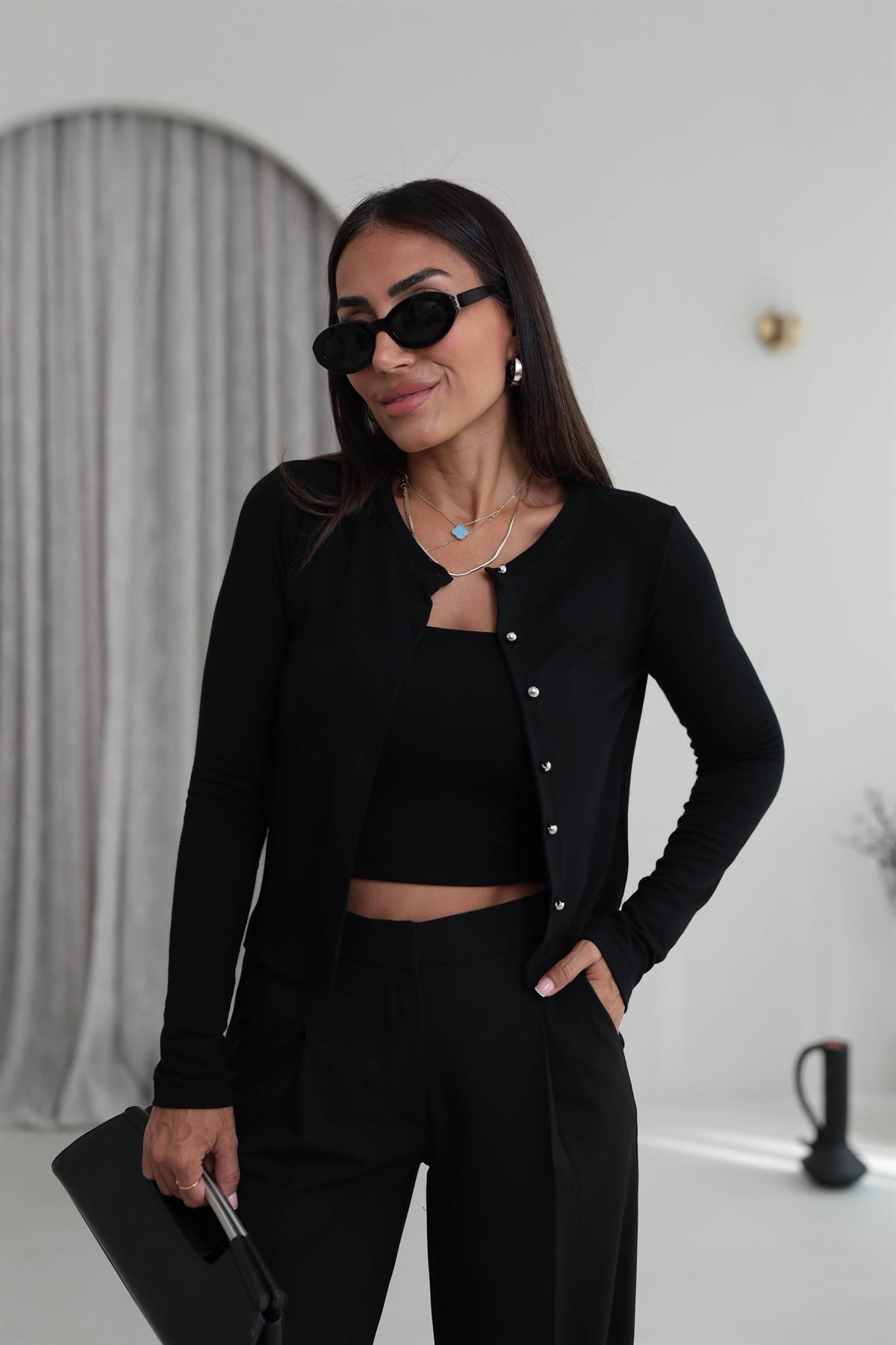 2122 Düğme Detaylı İnce Hırka SİYAH