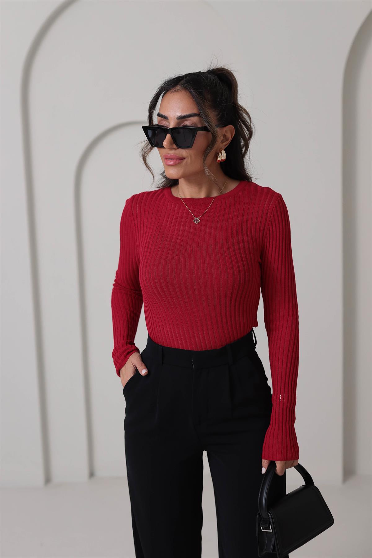 4107 Transparan Detaylı Triko Bluz KIRMIZI