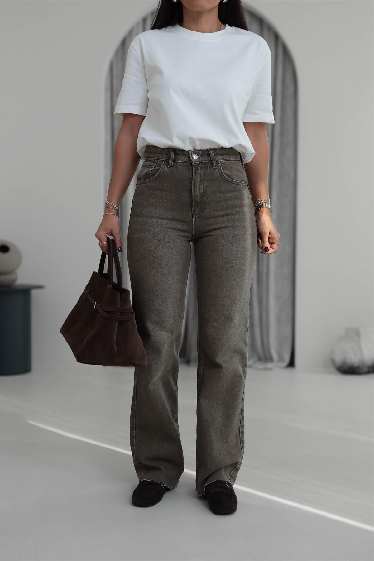 Za Taşlamalı Yüksek Bel Palazzo Jean BEJ-KAHVE